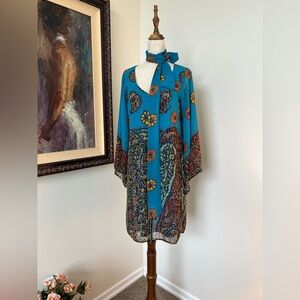 Uncle Frank Boho Paisley Midi Dress | Kimono Style Sheer Sleeves + Scarf:Belt S